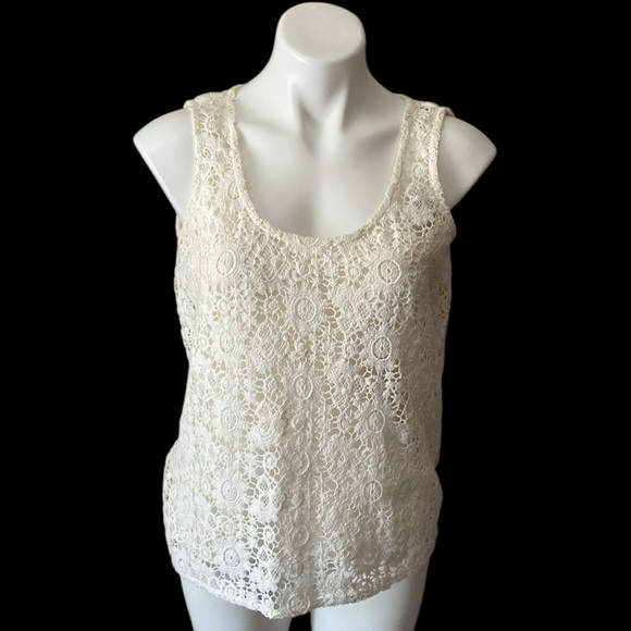 Lauren Ralph Lauren Women’s Boho Floral Beige Lace 100% Cotton Tank Top Size 10 - Picture 1 of 6